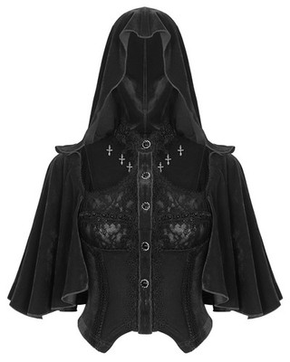 Eva Lady Damen dunkel Gothic Samt Spitze Kapuze Achselzucken Umhang Cape Bluse Top schwarz