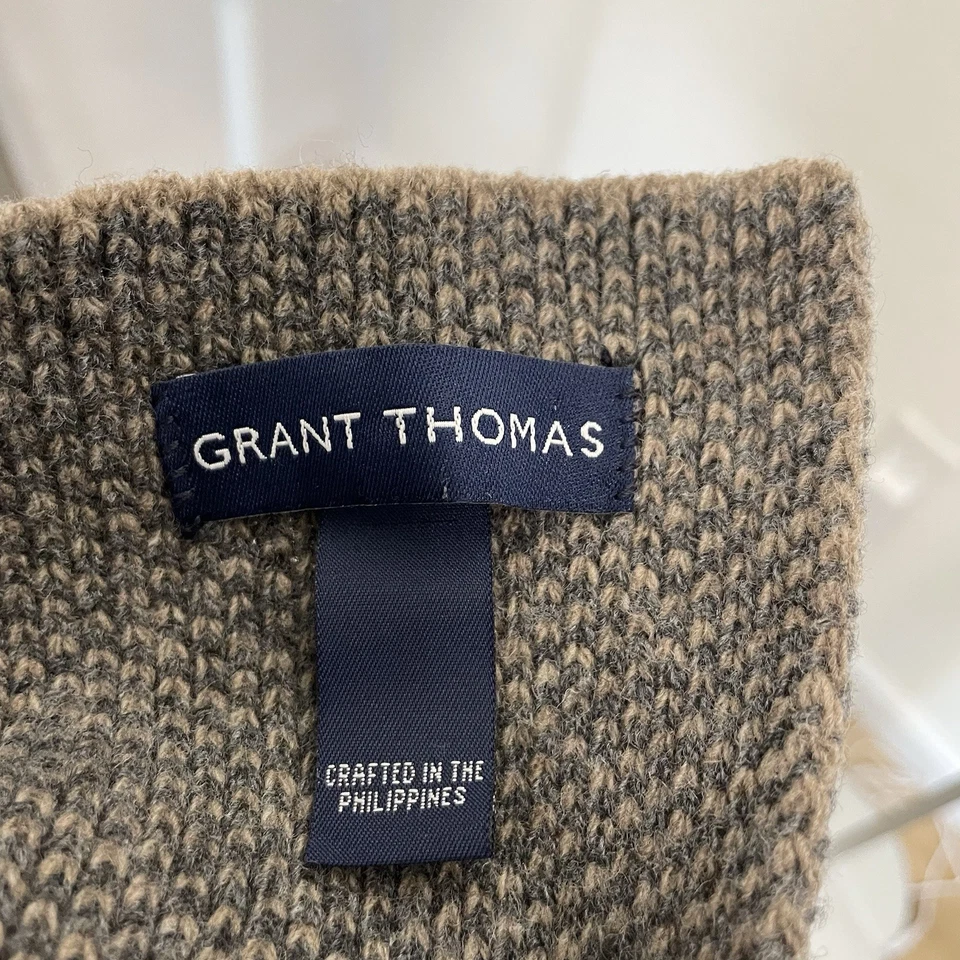 Grant Thomas 100% Lambswool Wool Stripe Scarf Neutral Brown Tan Blue - Image 4 of 4