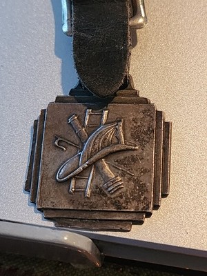 RARE Cuba Bomberos 90% silver watch fob Leather Firemen hat truck not sterling