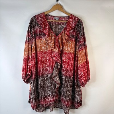 Catherines Tunic Blouse Womens 4X Red Orange Brown Paisley Ruffle V-Neck