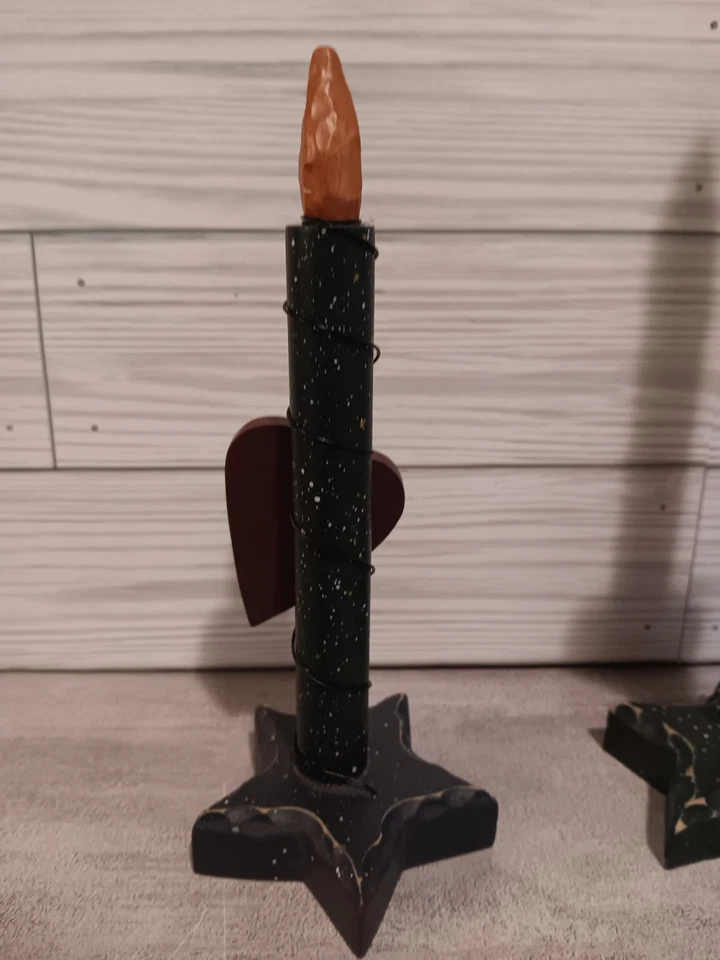 Set rustic primitive Handmade folk art Wooden Taper Candles Star Base 7" 9" 11"H - Image 3 of 4