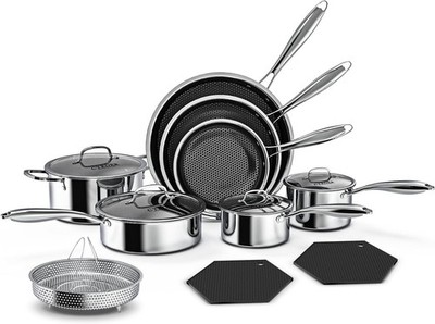 Pots and Pans Set Non Stick, 14 Pcs 5-Ply 18/10 Stainless Steel | Hybrid Profess