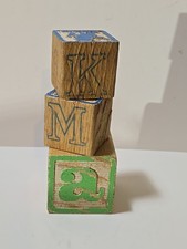 Vintage Wooden Toy Blocks Square Pictures Number  Letters Lot Of 3 Childrens