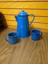 Blue speckled enamelware coffee pot and 2 cups camping country
