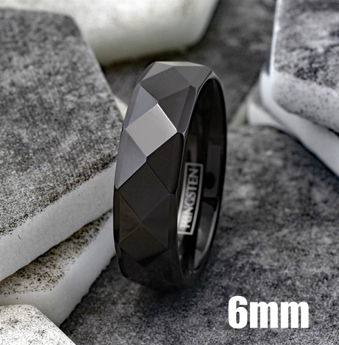 8 mm graviert Wolfram schwarz facettenreich Hochzeitsband Ring Herrenschmuck - Bild 5 von 14