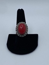 Ring Silver Tone Red Coral Gemstone Chunky Size 8.75 Southwestern Style