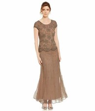 Pisarro Nights Beaded Mesh Gown Sz 12 Mocha