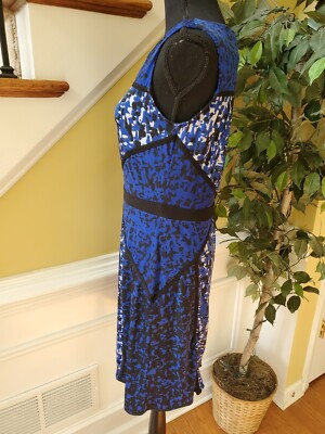 just taylor blue dress Just Taylor dress womens Sz 4!Blue white Geometric 3/4 sleeve shift Midi  Dress