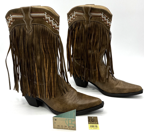 Roper Cowboy Boots Womens Size 8.5 Fringes Snip Toe Mid Calf Mid Heel 2-3" - Picture 2 of 8