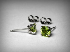 Genuine Peridot Stud Earrings. 5.0mm. Solid 14K White Gold. August Birthstone.