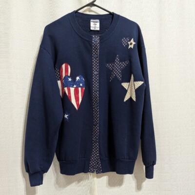 Vintage Jerzees Sportswear Jacket Women's Size L Navy Blue American Flag Hearts