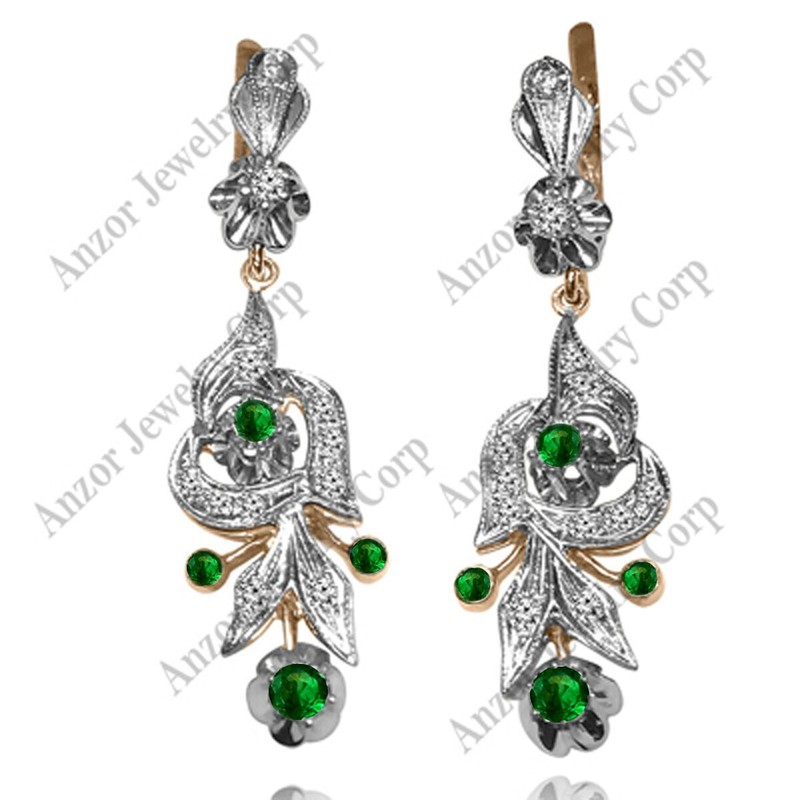 Vintage Style Genuine Diamond and Emerald earrings 14k Rose  White Gold #E1643