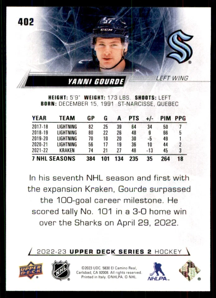 2022-23 Upper Deck. Yanni Gourde Hockey Cards #402 - Image 2 of 2