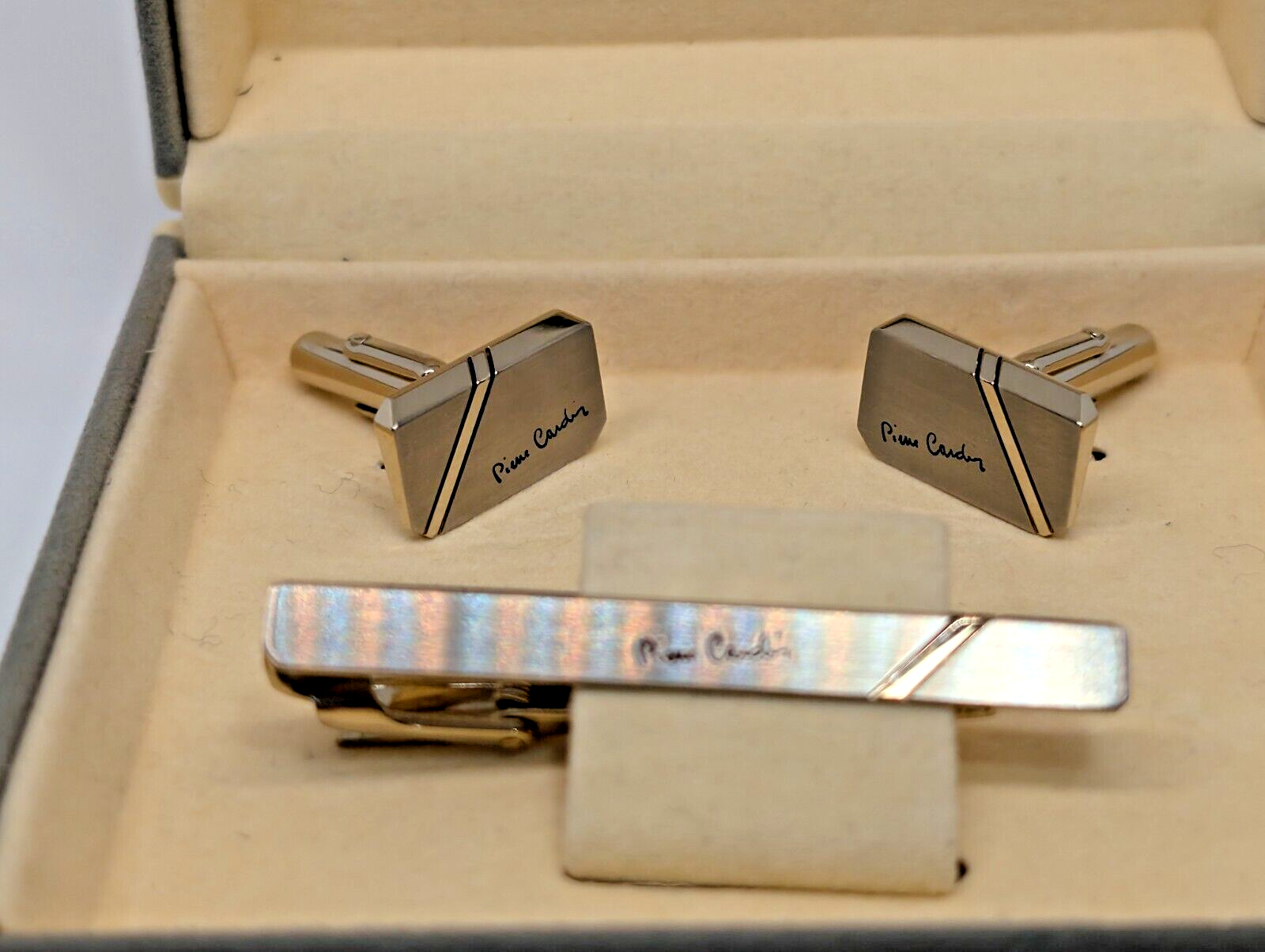 Pierre Cardin Cufflinks & Tie Pin Set, Engraved Branding, Boxed, Made in Japan