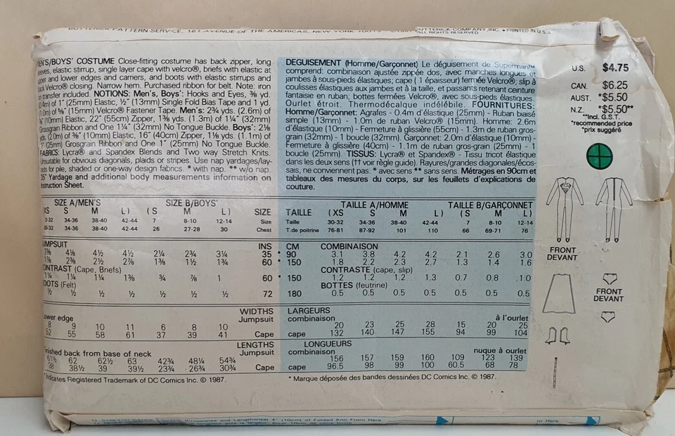 Vintage Butterick Pattern 5874 c1987 Uncut Sz A-Men's XS/S/M/L Superman Costume - Image 3 of 4