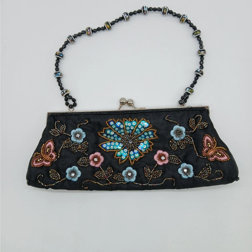 Bolso sin asas vintage satinado femenino delicado adornado lentejuelas cuentas broche beso Foto 2 de 4