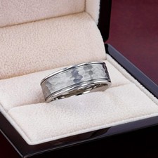 THORNTON Grooved Hammered Finish White Tungsten Offset Wedding Band - 6mm 8mm