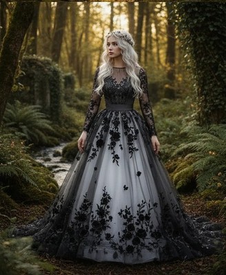 Black White Wedding Dress Long Sleeves A-Line Gothic Floral Appliques Bride Gown