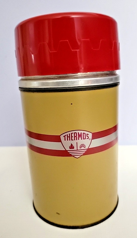 Thermos Tan and Red Short Metal Model 5254 Polly Red Top Vintage
