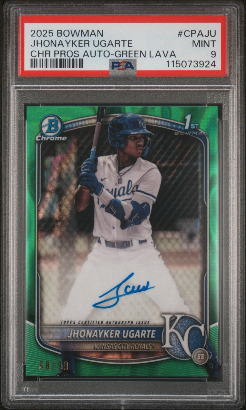 Jhonayker Ugarte 2025 Bowman Chrome Green Lava Refractor 1st Auto /99 PSA Mint 9