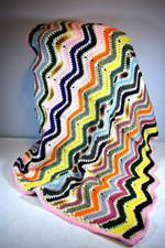 Handcrafted Lap/Baby Blanket w/Knitted Multi-Color Chevron "Ripple" 38" x 30"