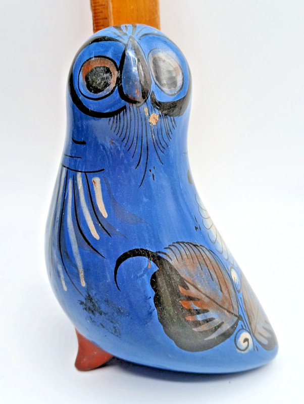 Tonala Mexico Folk Art Pottery Blue Bird Hand Painted Figurine  7” Vintage
