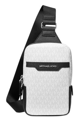 Michael Kors Mens Malone Leather Logo-Print Sling Pack White/Black - NWT $168