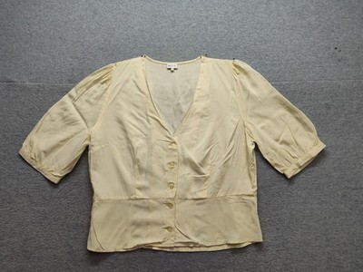 Kule Women Tops M Light Yellow V Neck Button Front Short Sleeve Logo Casual Wear