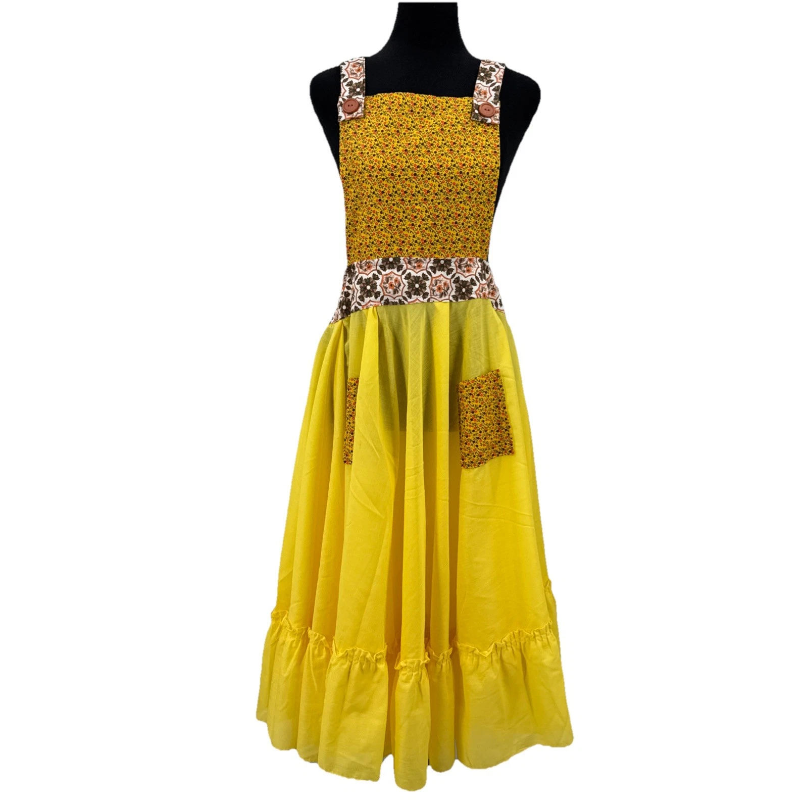 Vtg Pinafore Country Farm Apron Dress Ruffle Prairie Peasant Open Back Yellow