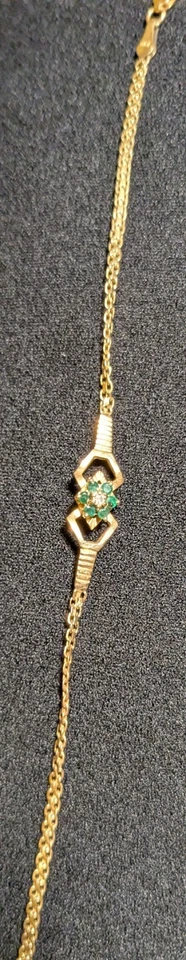 Brazalete Vintage Oro Amarillo 14K con Flor 6 Esmeraldas y 1 Diamante 7" Foto 2 de 4