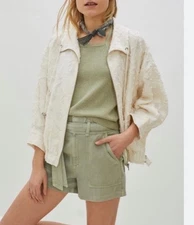 Anthropologie Ivory Cropped Textured Lace Bomber Jacket Size Medium