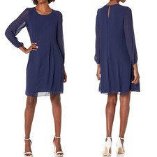NWT Nine West Sheath Dress Sheer Sleeve Navy Boat Neck Formal Size 12 MSRP $79