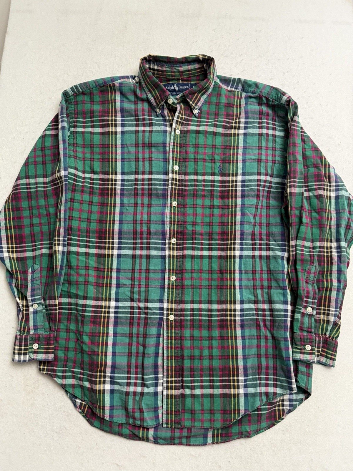 Vintage Polo Ralph Lauren Oxford Button Shirt Mens L Green Plaid Preppy 90’s