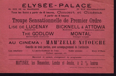 LIEGE (BELGIEN) KONZERT- & KINOSAAL ''ELYSEE-PALACE'' Flugblatt 1913