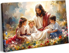 Jesus with Children Canvas Wall Art Christian Kids Nursery Gospel Decor 8x10 In
