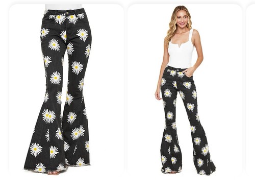 UEC WISTERIA LANE BLACK DAISY FLOWER BELL BOTTOMS FLARE STRETCH JEANS 29x34 - Picture 1 of 13