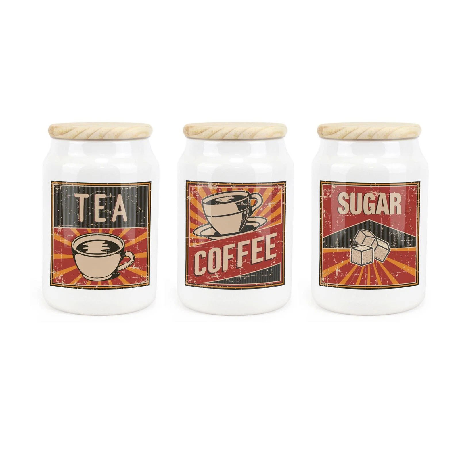 Purely Home Ceramic Tapered Retro Drinks Canisters Set - Tea, Coffee & Sugar