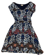 Anthropologie MEADOW RUE Batik Gardenia Cap Sleeve Blue Floral Dress