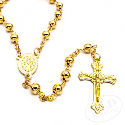 Collar Rosario Católico Tono Dorado - 28" - 6mm Cuentas de Acero y Medalla Virgen María - Imagen 3 de 7