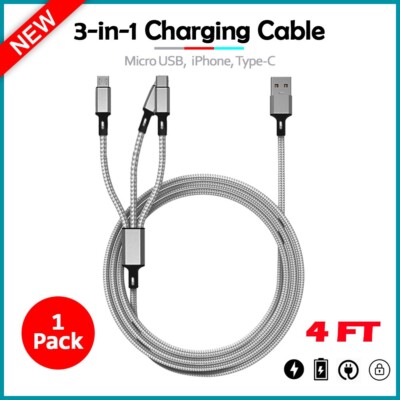 B2G1 FREE 4FT 3-in-1 Multi Charger Cable USB Cord for Xiaomi Poco M6 4G/Redmi 13