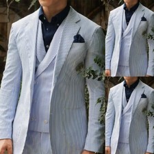 Men Suits Summer Spring Seersucker Regular Fit Beach Notch Lapel Tuxedos Custom