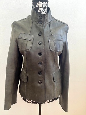 Strenesse blue leather jacket leather blazer size 36 lamb nappa dark green/olive tall