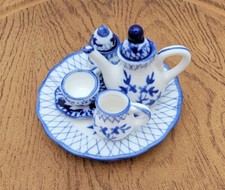 Vintage Miniature Child Tea Set - Hand-Painted Ceramic, Blue Floral, Dollhouse
