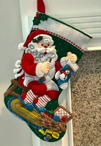 FINISHED Bucilla "STITCHING SANTA" Christmas Stocking * Fully Lined 18"  - Picture 1 of 7