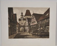 Ernst Geissendörfer/autographed/etching colored/Rothenburg ob der Tauber