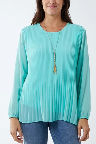 Women Ladies Pleated Long Sleeve Necklace Top Lined Blouse Tunic Top Shirt - Picture 48 of 65