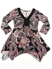 Venus Top M Black Paisley V Neck Black Embellishments Handkerchief Hem Stretch