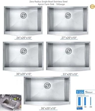 Zero Radius Single Bowl Stainless Steel Apron Farm Sink Assorted Size