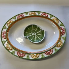 2 Pc Clay Art Citrus Hand Painted  Ceramic Chip 'N Dip Set tray platter