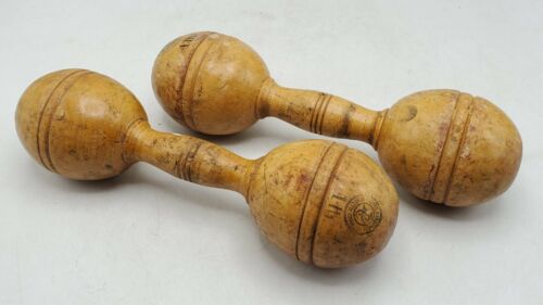 Antique Pair of Wooden Dumbbells 1lb Exercise Weights Lowe & Cambell Athletic - Picture 1 of 10